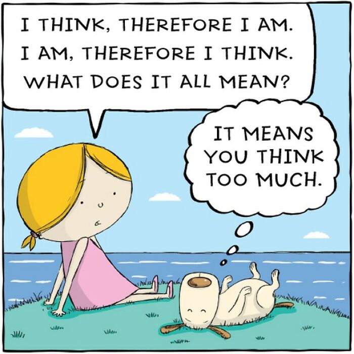 Comic illustration of a dog lying on its back, philosophizing with a girl near a lake, capturing a dog's humorous life.