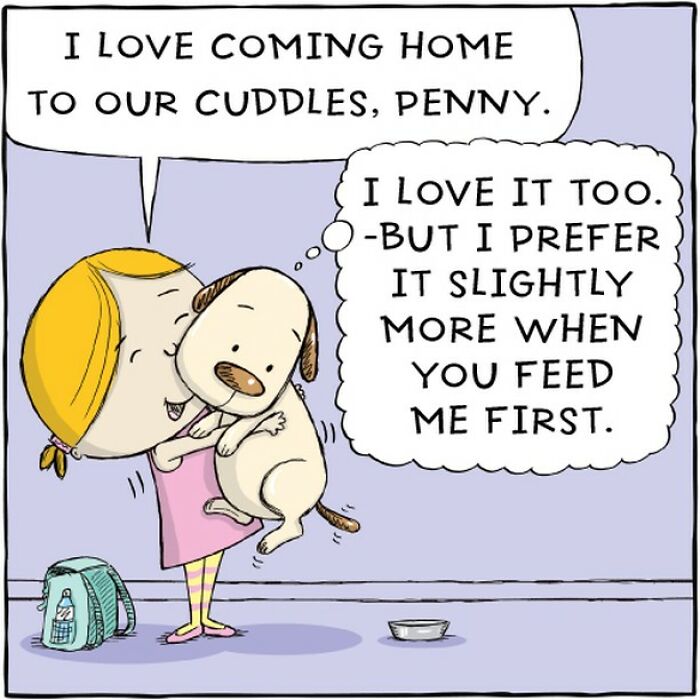 Cartoon depicting a woman's affection for her dog, highlighting a dog's life with humor.