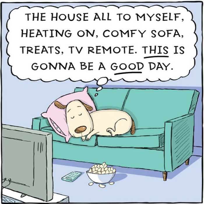 A comic depicting a dog sleeping on a sofa with thoughts of relaxation, portraying a dog's life.