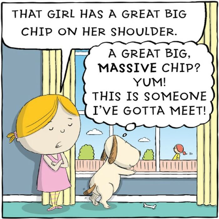 Adorable comic showing a dog misinterpreting a girl's expression as a literal chip, capturing a dog's humorous perspective.