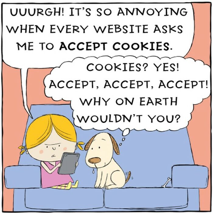 Comic of a girl and dog on a sofa, discussing website cookies in a humorous way.