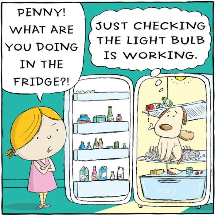 Cartoon of a dog in a fridge, amusingly illustrating a dog's life.