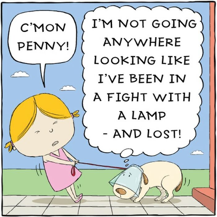 Comic of a girl trying to walk a dog wearing a cone, capturing a humorous moment in a dog's life.