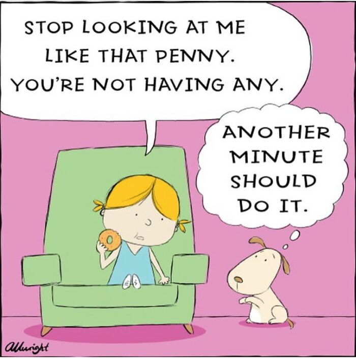 Comic illustrating a dog's life with a girl holding a doughnut and a hopeful dog watching.