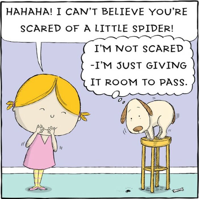 Cartoon of a dog on a stool, scared of a spider, with a girl laughing, illustrating a dog's life.