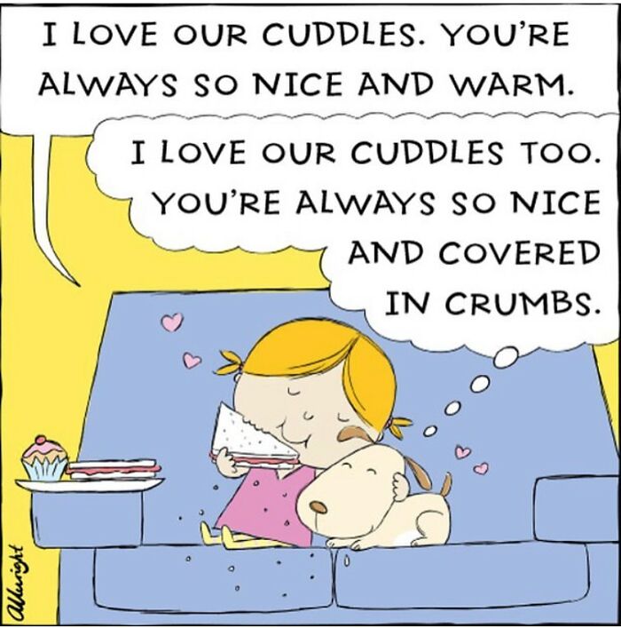 Comic of a child and dog cuddling on a couch, highlighting the adorable bond in a dog's life.