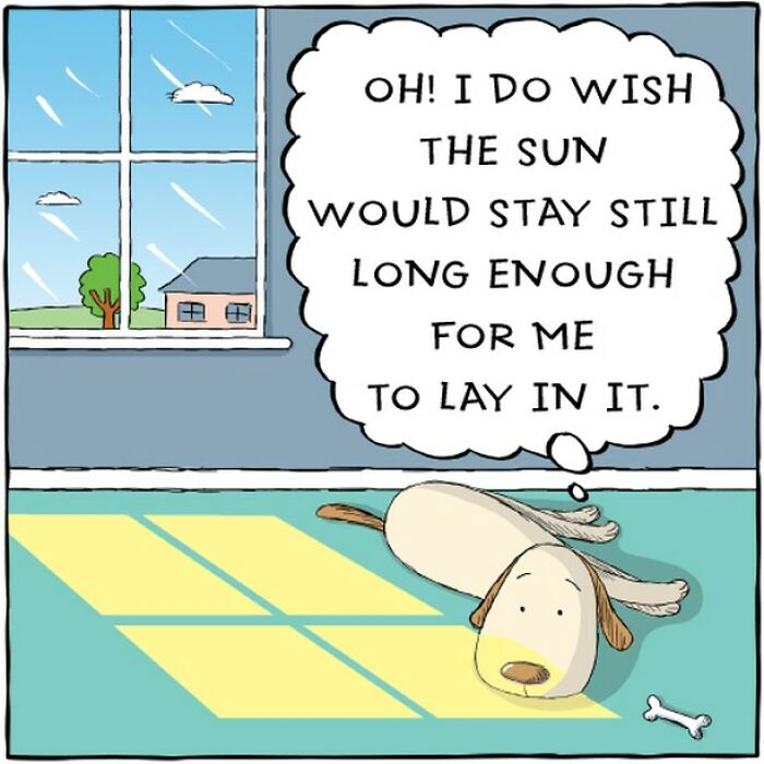 Dog comic showing canine laying in sunbeam with humorous thought bubble about the sun staying still.