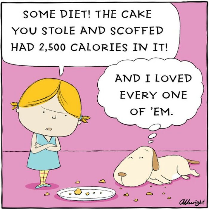 Comic of a dog and girl discussing stolen cake, illustrating a dog's life humorously.
