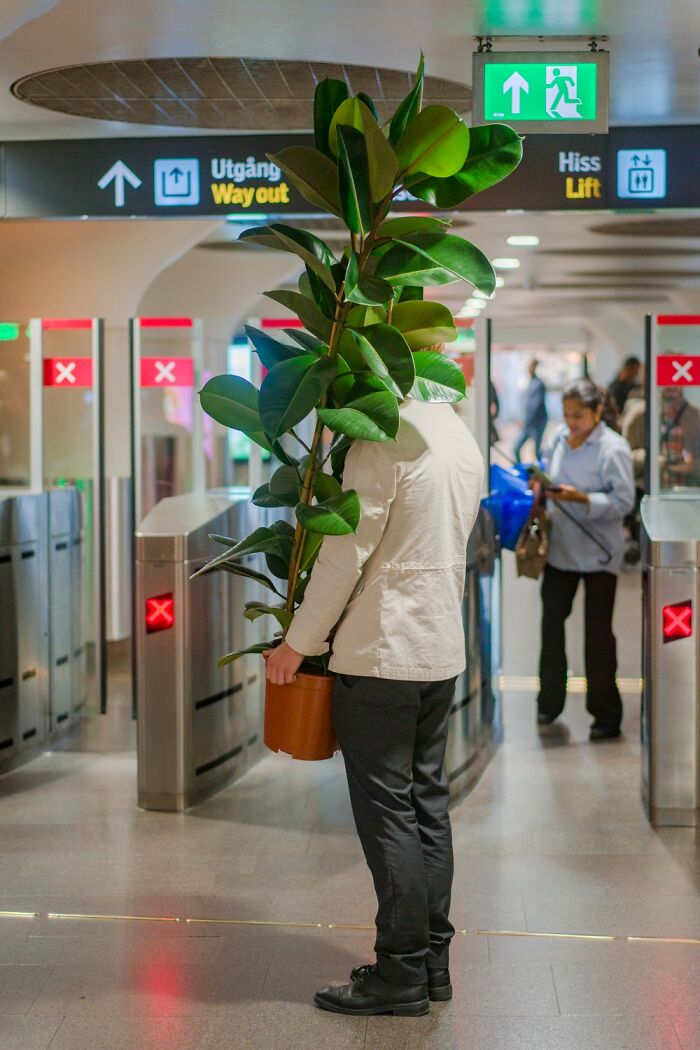 Man carrying a large potted plant through a subway exit, depicting street photography in Oslo and Stockholm.