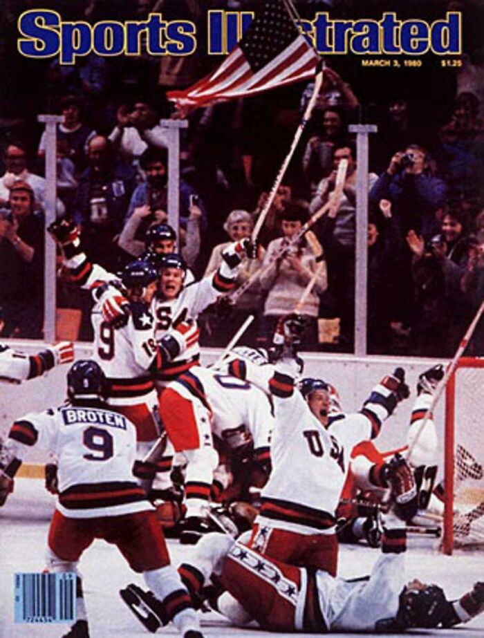 USA hockey team celebrating a victory, featured on a vintage Sports Illustrated cover, evoking nostalgia.