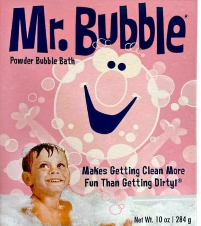 Mr. Bubble vintage bubble bath packaging with a smiling child, evoking nostalgia and the feeling of old memories.