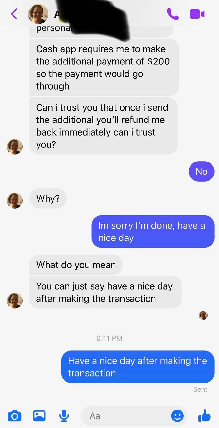 Screenshot of a humorous chat exchange with a scammer asking for trust, showcasing funny-scammer-responses.