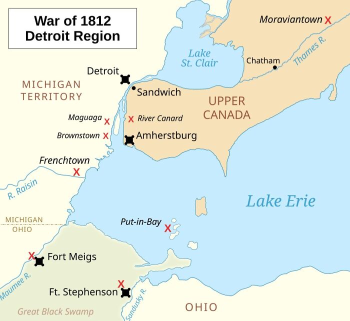 Map of War of 1812 in the Detroit region highlighting locations of surprising war victories.