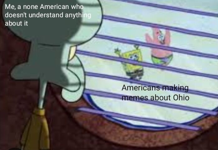 Squidward watching SpongeBob and Patrick through blinds with text about memes and Ohio.