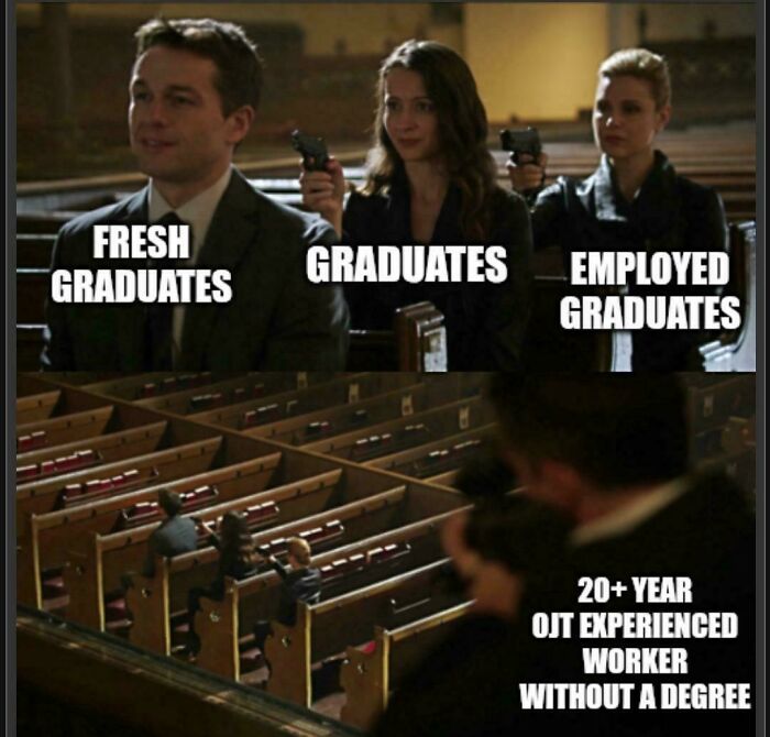 Three people labeled fresh graduates, graduates, and employed graduates hold guns at a fourth labeled experienced worker in a job requirements meme.