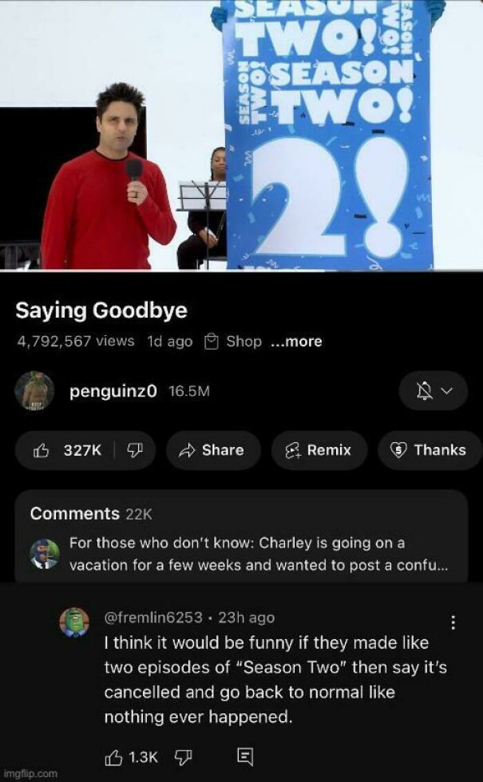 Man in red shirt holding microphone next to a large Season Two sign in a video about predictions aged like wine.