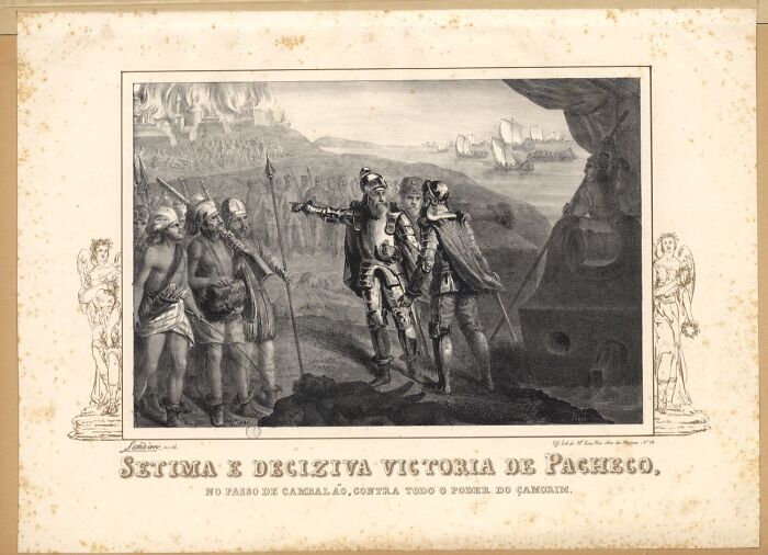 Historical illustration depicting European explorers meeting indigenous people, showcasing surprising war victories.