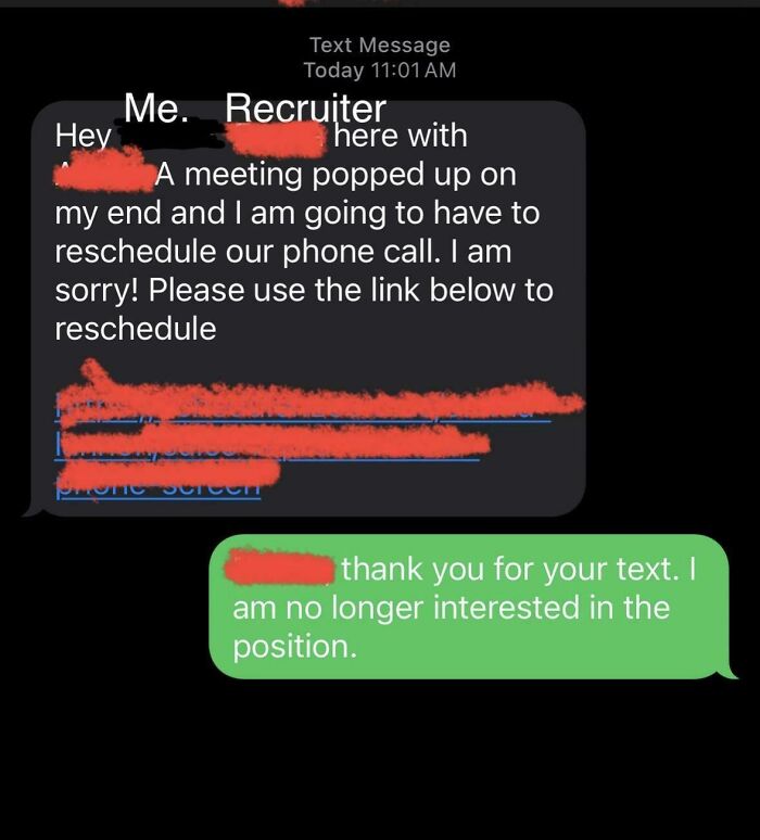 Text exchange showing a recruiter rescheduling and a candidate declining further interest, illustrating recruiting hell.