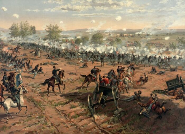 Painting depicting a historical battle scene with soldiers and horses, representing decade-defining events.