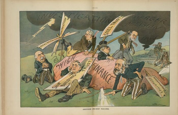 Cartoon depicting trusts' collapse under legal scrutiny, symbolizing decade-defining historical events in finance and industry.
