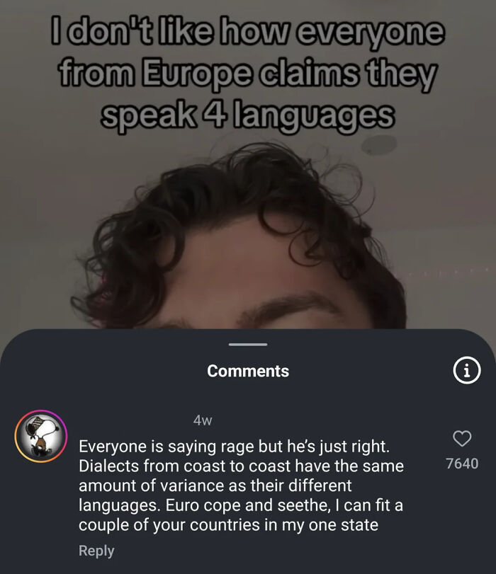 Man with curly hair and text about Europeans speaking multiple languages, highlighting dumb comments Americans confidently post online.