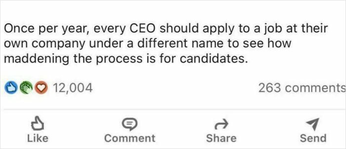 Social media post suggesting CEOs apply anonymously to their own company to understand candidate challenges in recruiting.