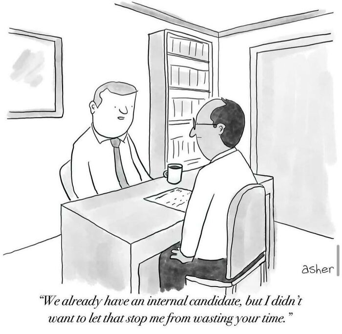 Cartoon of a job interview highlighting a "recruiting hell" moment, with two office workers at a desk, expressing frustration.