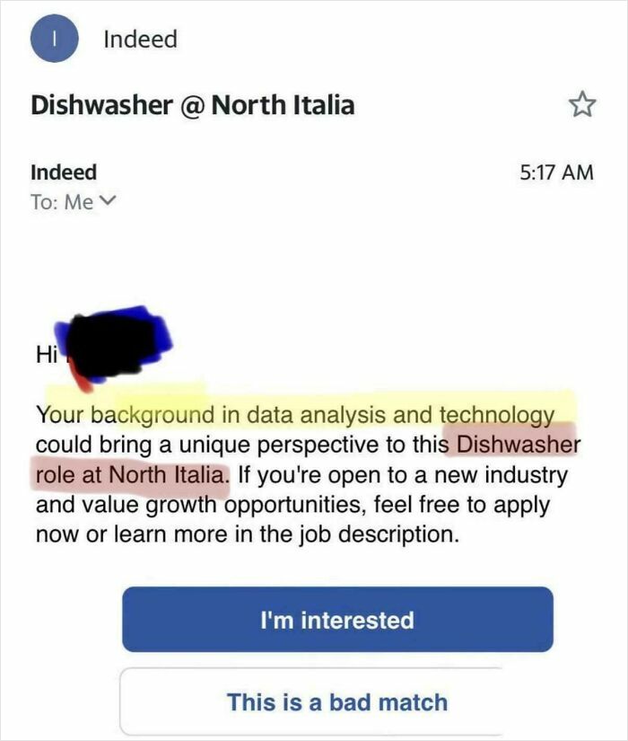 Email suggesting a data analyst apply for a dishwasher job at North Italia, highlighting recruiting hell.