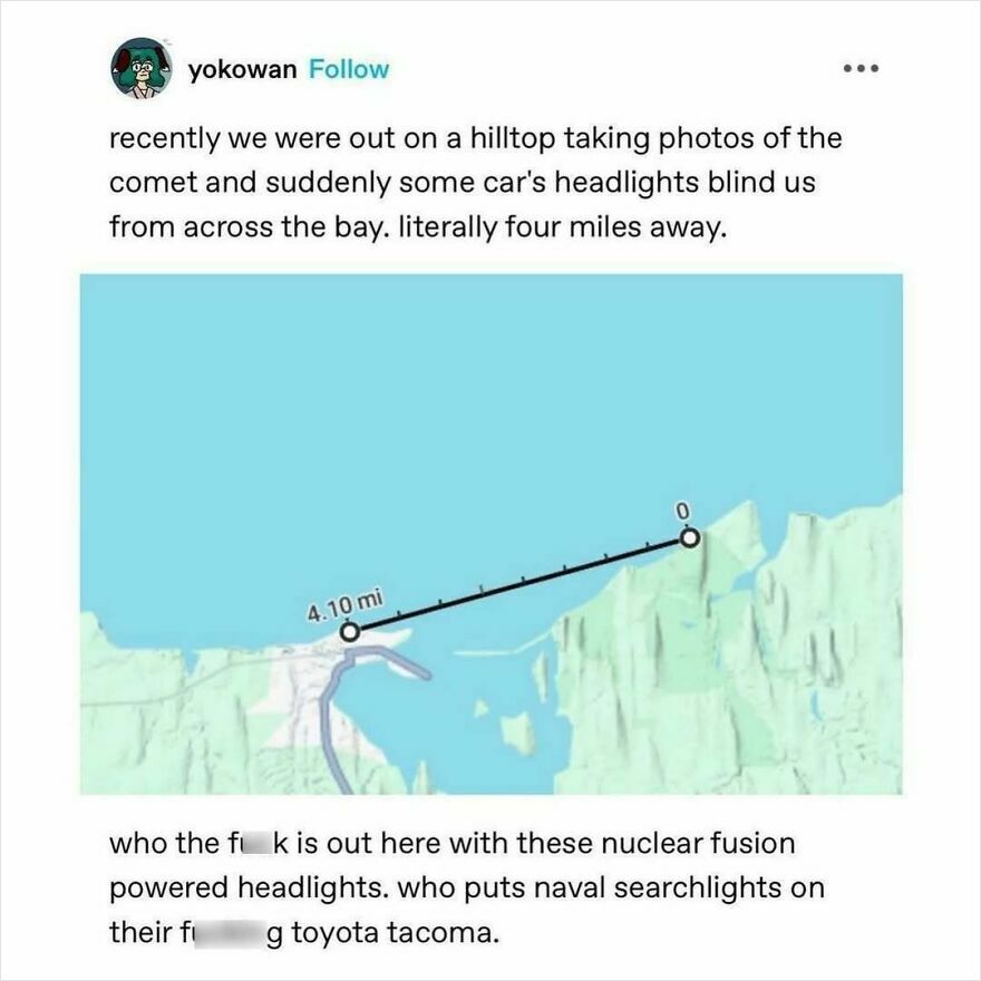 Funny puncrastination meme about bright headlights visible from 4 miles away across a bay, with humorous text commentary.