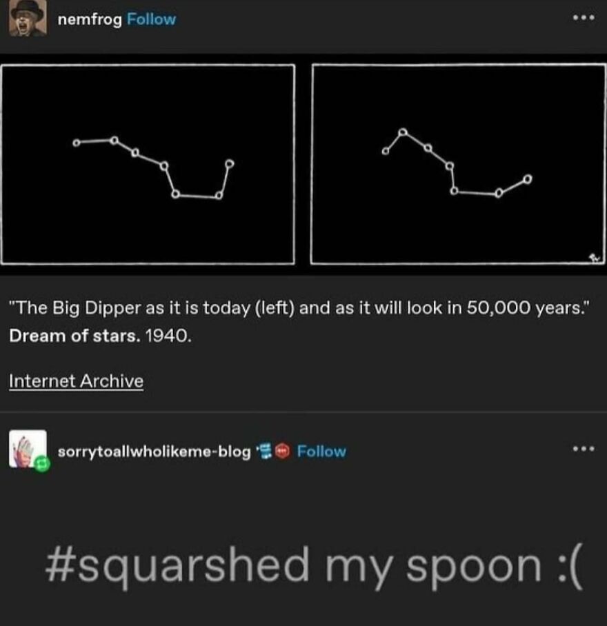 The meme humorously compares Big Dipper stars with a squashed spoon, showing puncrastination at its funniest.