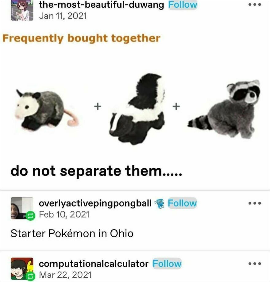 Cute animal toy trio labeled as "frequently bought together," showcasing funny Puncrastination memes.