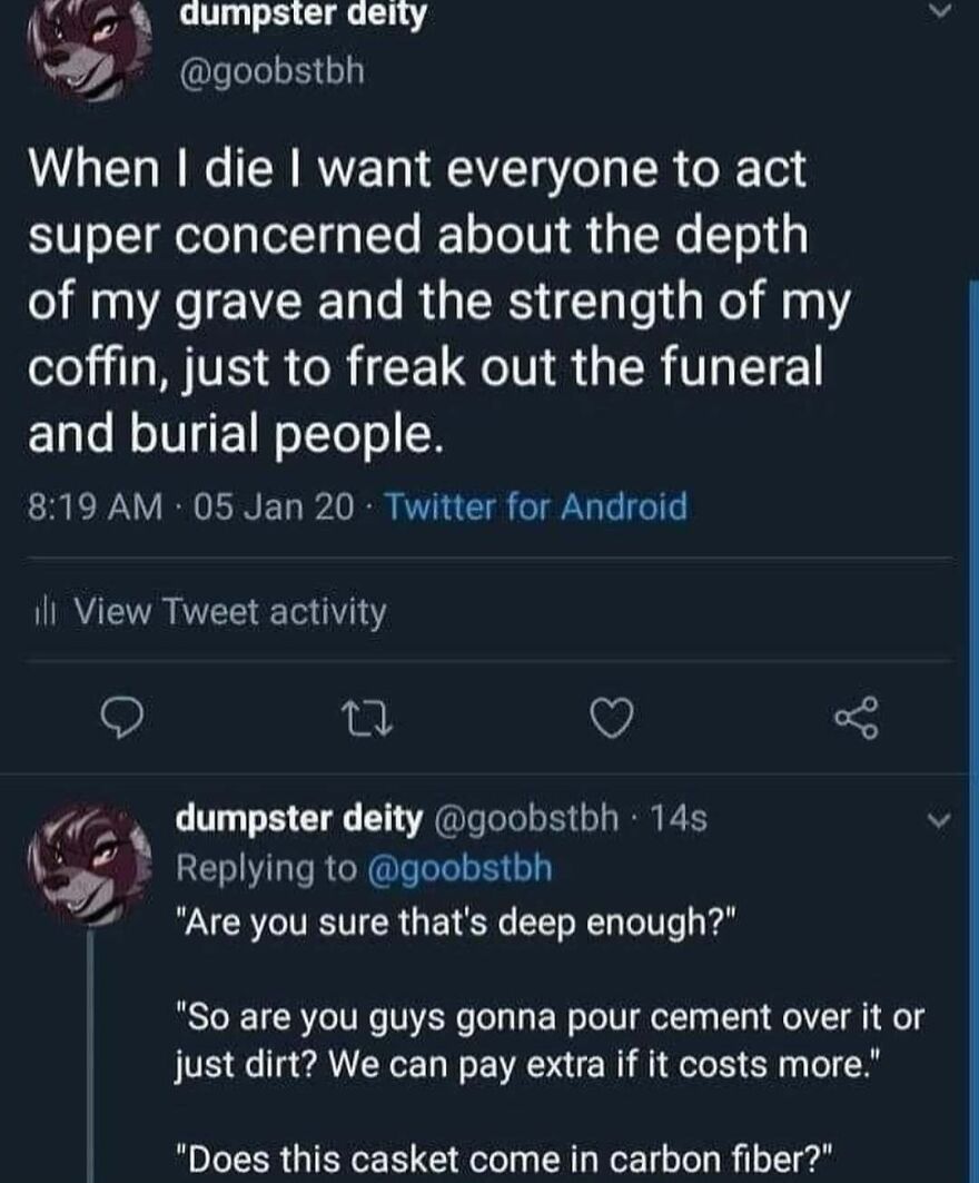 Funny meme with tweets joking about grave depth and coffin strength, related to puncrastination.