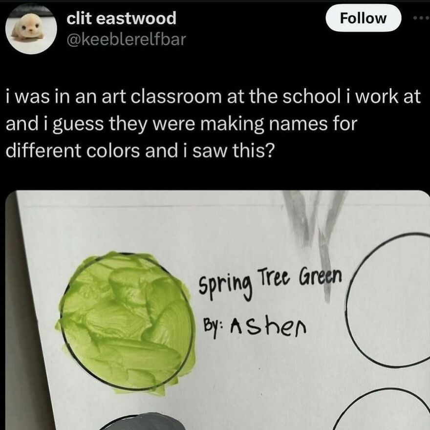 Funny puncrastination meme about a color named "Spring Tree Green" in an art class setting.