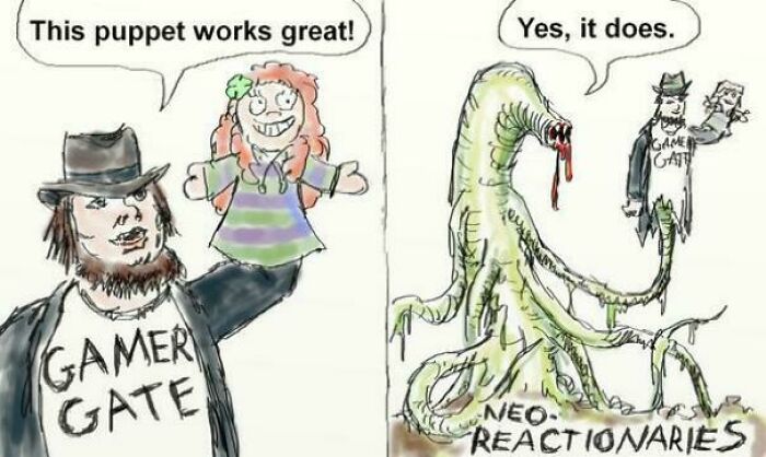 Cartoon depicting gamer gate and neo-reactionaries with a puppet, illustrating a prediction aged like wine.