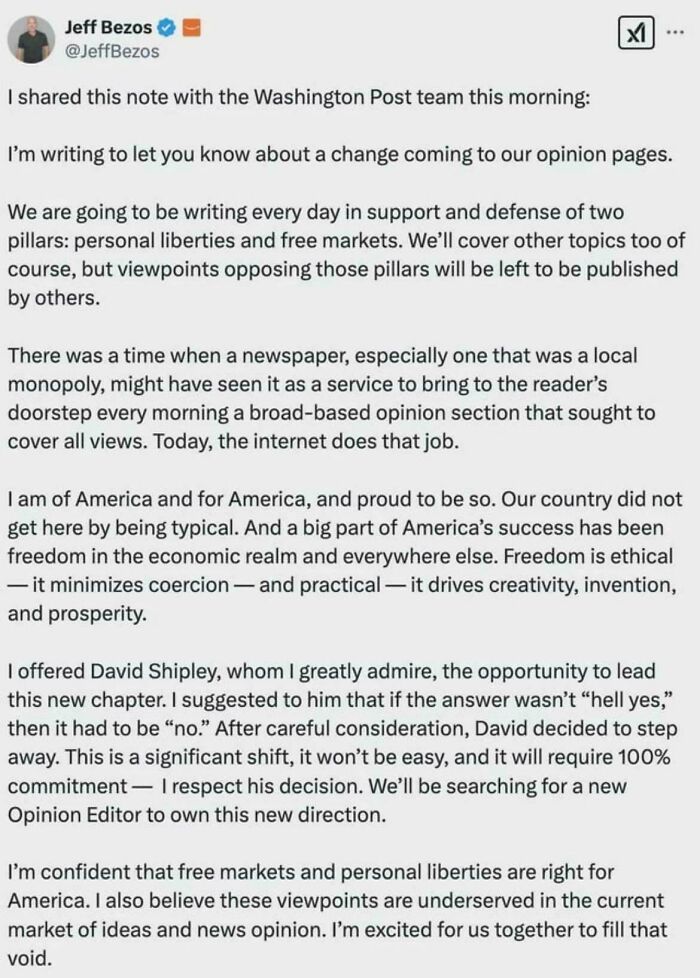 Screenshot of a social media post discussing personal liberties and free markets in modern life dystopia context.