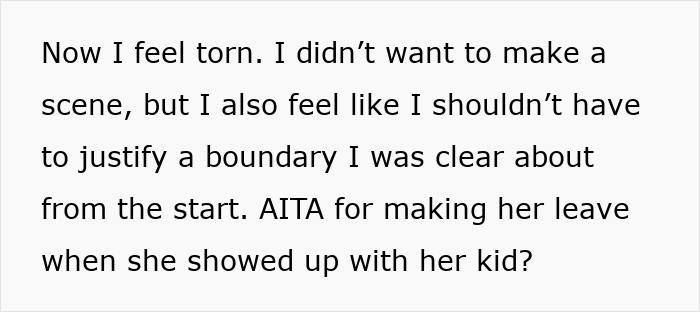Text discussing a conflict over enforcing a child-free policy at a birthday event, expressing feelings of being torn. Text discussing a conflict over enforcing a child-free policy at a birthday event, expressing feelings of being torn.