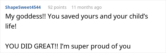 A supportive comment praising a woman for leaving with her baby after discovering her husband's evil hopes. A supportive comment praising a woman for leaving with her baby after discovering her husband's evil hopes.