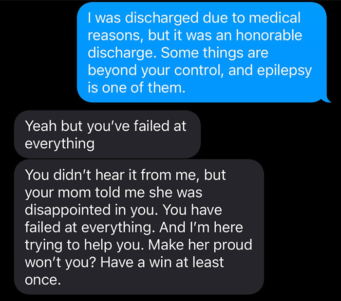 Text conversation about medical discharge and personal criticism. Text conversation about medical discharge and personal criticism.
