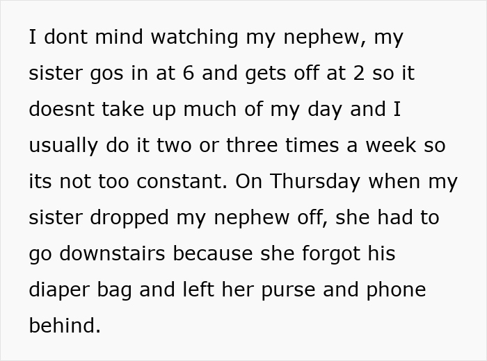 Text discussing babysitting nephew, sister's work hours, and a forgotten diaper bag. Text discussing babysitting nephew, sister's work hours, and a forgotten diaper bag.