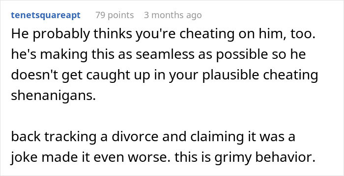 Reddit comment about divorce after a woman's joke backfires, discussing relationship trust issues. Reddit comment about divorce after a woman's joke backfires, discussing relationship trust issues.