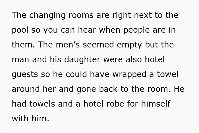 Text about a hotel guest with his daughter, contemplating using the women's changing room. Text about a hotel guest with his daughter, contemplating using the women's changing room.