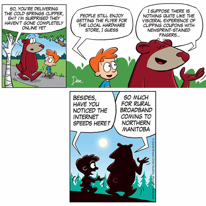 Comic of Planey Joey talking to a bear about delivering flyers and internet speed in Northern Manitoba. Comic of Planey Joey talking to a bear about delivering flyers and internet speed in Northern Manitoba.