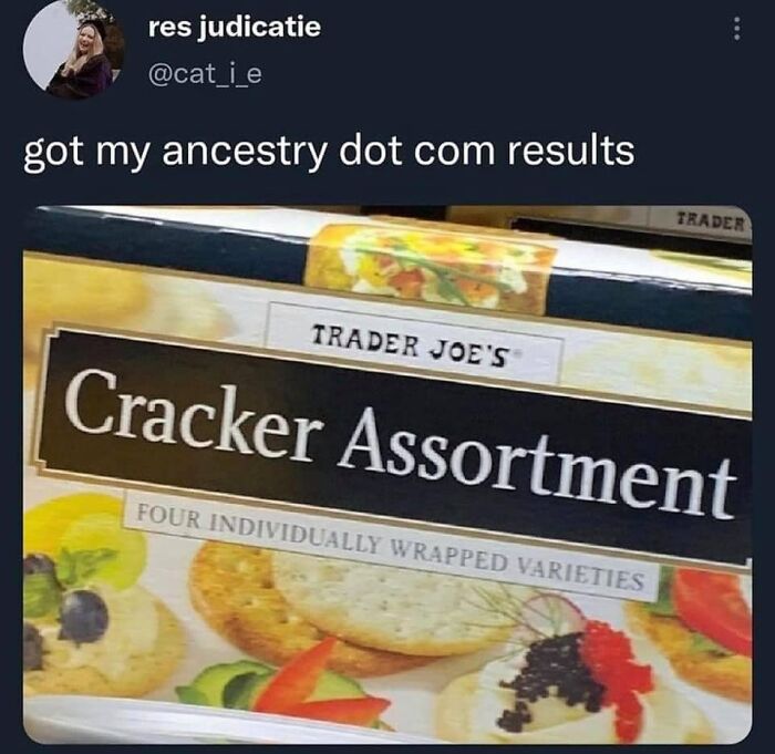 Funny meme showing a tweet about ancestry results with a Trader Joe’s cracker assortment box.