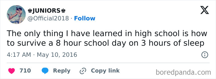 Tweet about surviving high school on three hours of sleep, highlighting unhinged high school experiences.