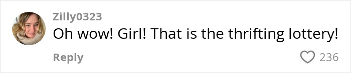 Comment saying, "Oh wow! Girl! That is the thrifting lottery!" about a thrift store find. Comment saying, "Oh wow! Girl! That is the thrifting lottery!" about a thrift store find.