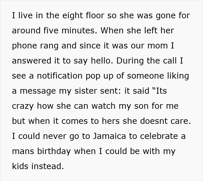 Text screenshot about a woman discovering her sister's ungrateful babysitting comments. Text screenshot about a woman discovering her sister's ungrateful babysitting comments.