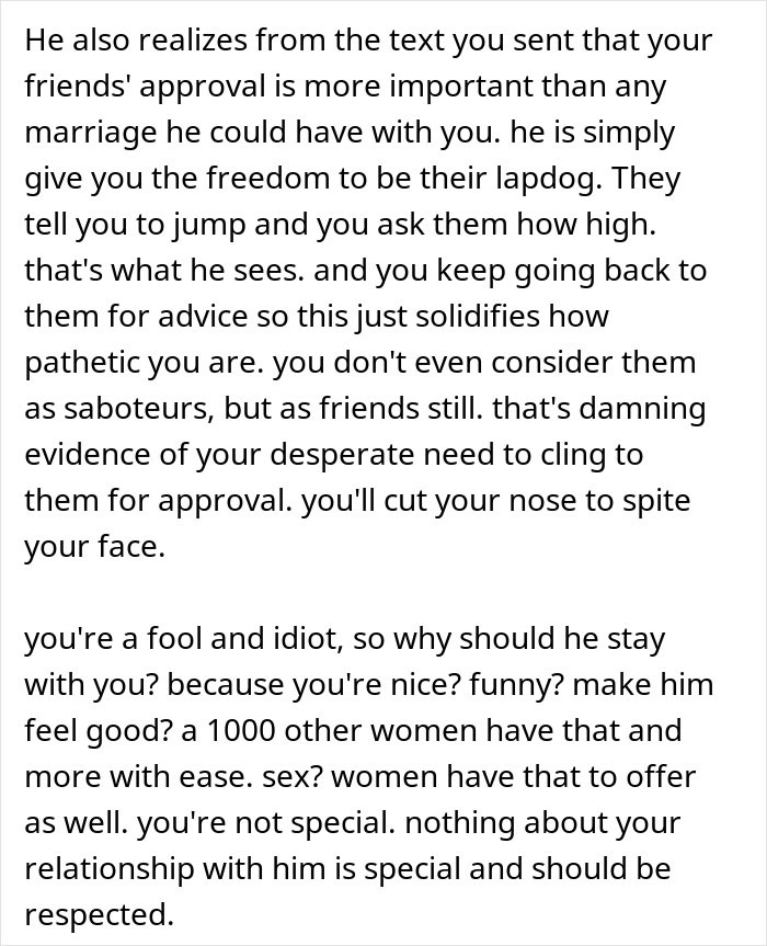 Text discussing the importance of friends' approval over marriage, and criticism of lack of special qualities in a relationship. Text discussing the importance of friends' approval over marriage, and criticism of lack of special qualities in a relationship.