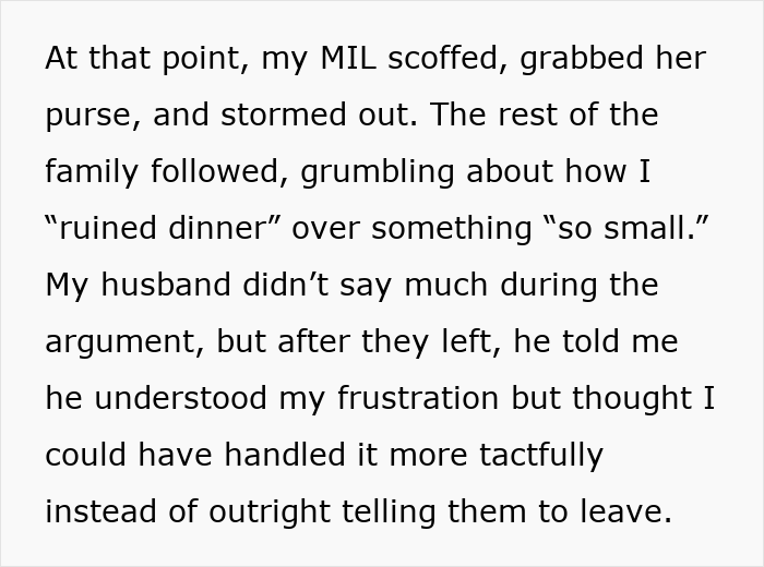 Text conversation involves MIL storming out after dinner disagreement. Text conversation involves MIL storming out after dinner disagreement.