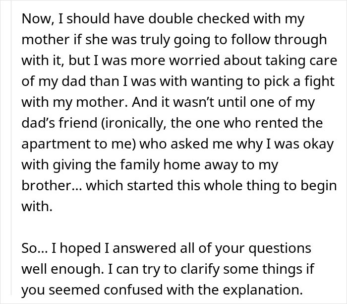 Text discussing concern over inheritance, with focus on family dynamics and feelings about a brother receiving the family home. Text discussing concern over inheritance, with focus on family dynamics and feelings about a brother receiving the family home.