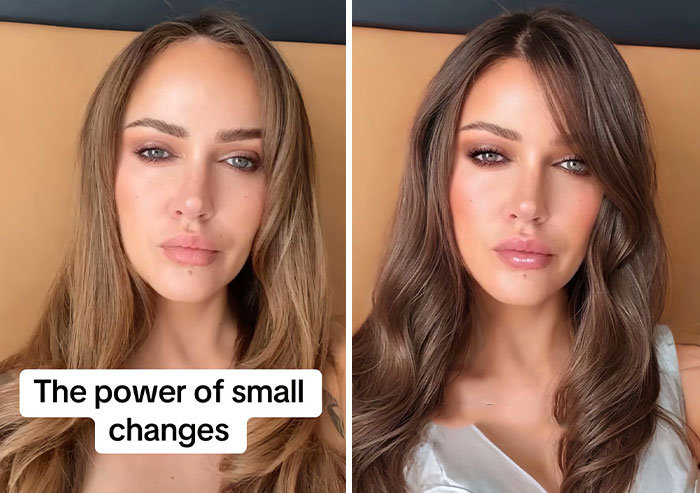 Digital makeover shows woman with subtle hairstyle changes, highlighting the power of small adjustments.